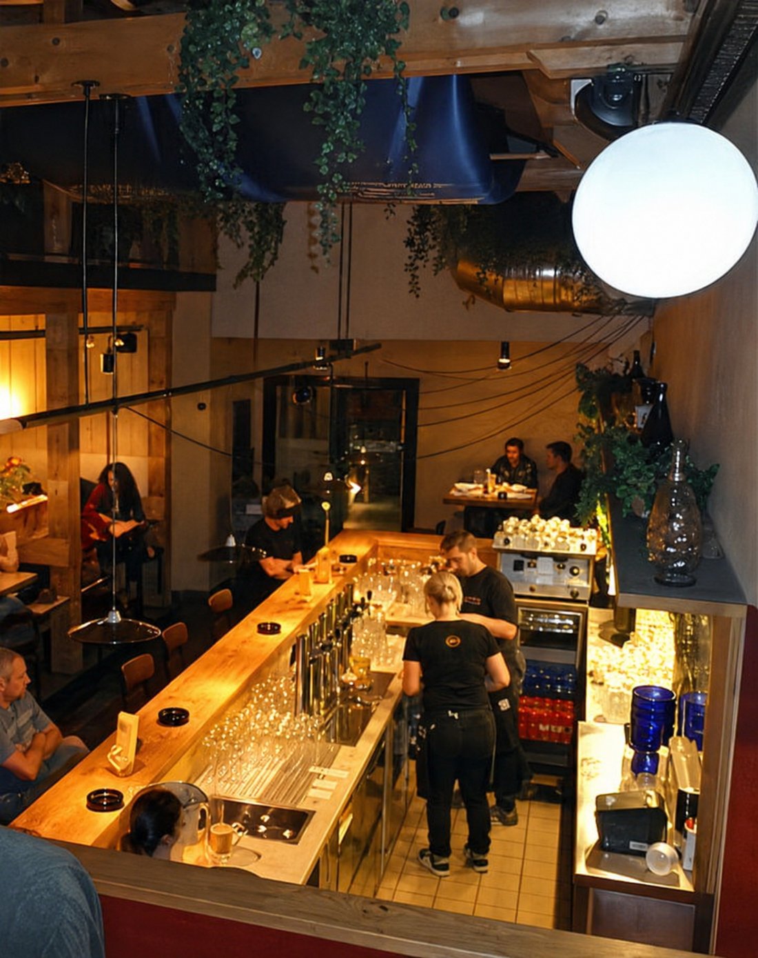 Schank im überdachten Innenhof des Bierhof bei Abendstimmung